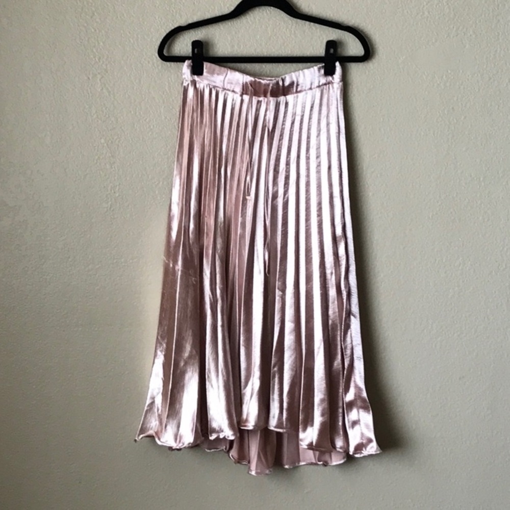 Pink Satin Pleated Midi Skirt